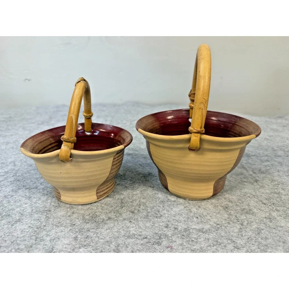 Vintage Bamboo Handle Pottery Baskets Made By Tennessee Potter